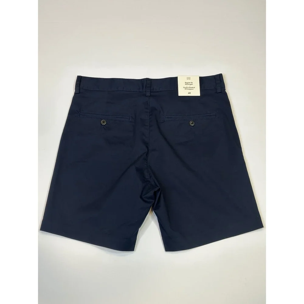 HM Regular Fit Mid Length Chino Shorts Navy Blue Cotton Twill Mens 34w NEW